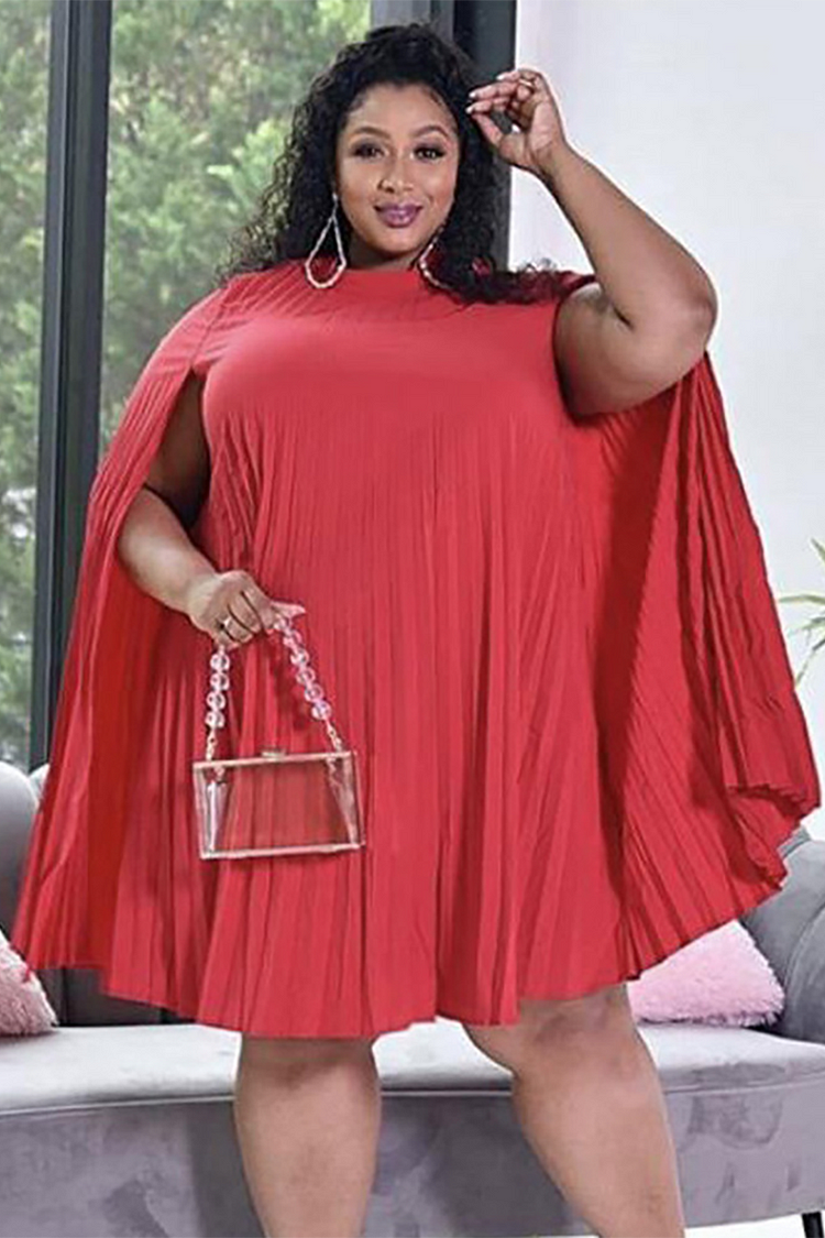 Pleated Solid Color Caped Sleeve Loose Fit Mini Dresses-Red