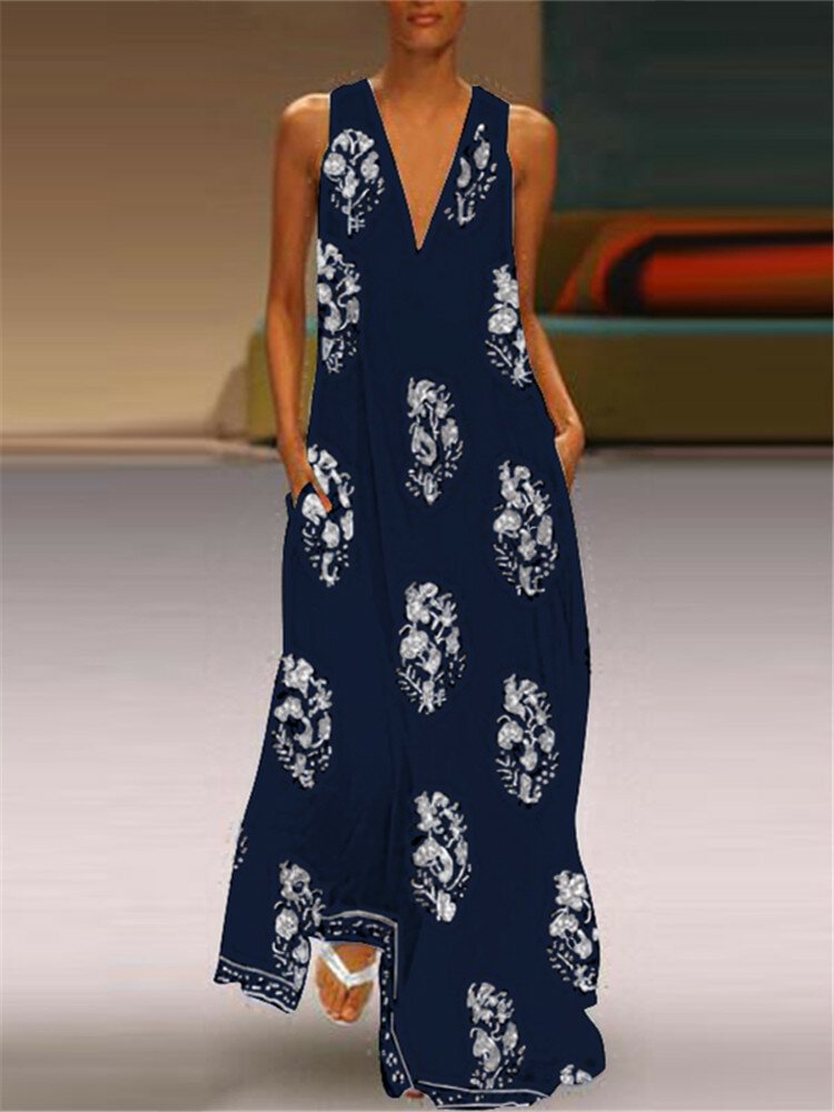 Bohemian Maxi Print Sleeveless V Neck Dress