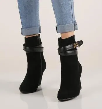 VCSHOES Women Shoes High Heels Solid Wedges Point Toe Women Boots Black Ankle Boots Botas Mujer Pumps Sapatos Femininas