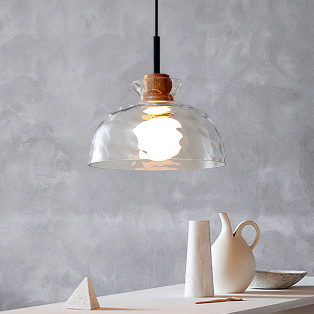 Art Ripple Glass Pendant Lamp Wood Suspension Light