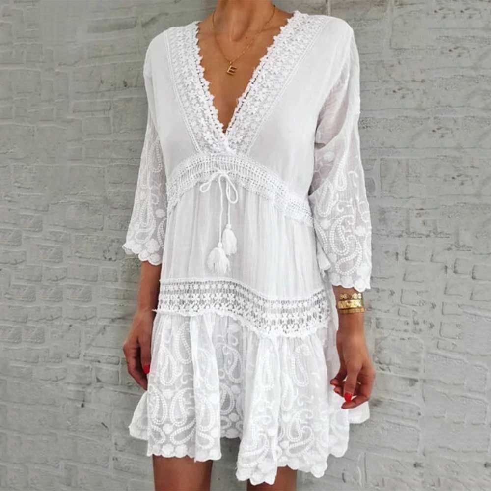 Summer Lace Embroidery Elegant V Neck Casual Print Loose Party Mini Dress