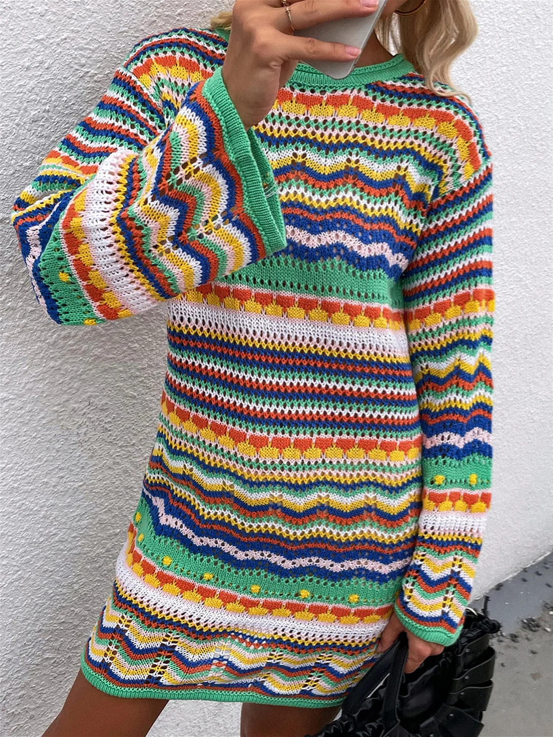 Women Long Sleeve Scoop Neck Striped Mini Dress Knit Sweater
