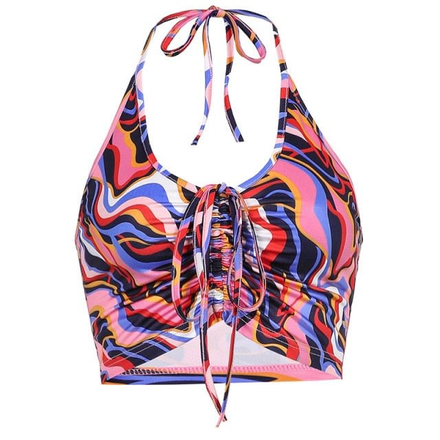 Summer Y2K Vintage 70's Ripple Print Halter Tops 90s Aesthetics Backless Drawstring Lace-Up Crop Tops Sleeveless Vests - BlackFridayBuys