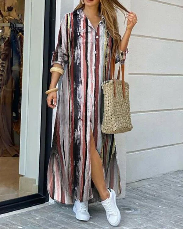 casual tie dye stripe button pockets shirt dress p512400