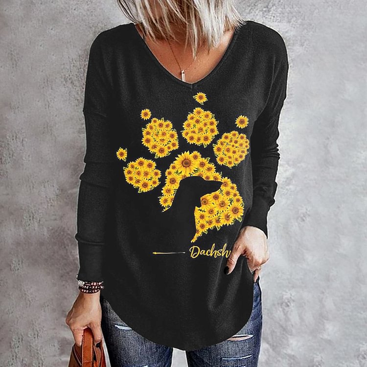 Vefave Sunflower Dog Paw Print V-Neck T-Shirt