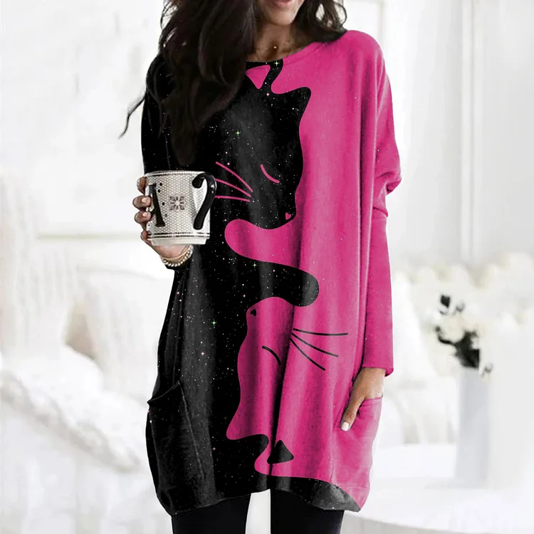 Vefave Contrast Cat Print Long Sleeve Tunic