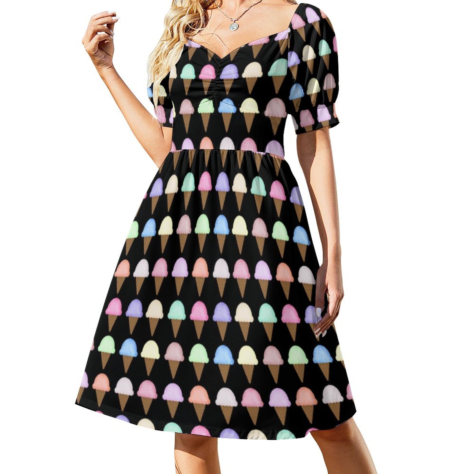Ice Cream Cone Unique Fun Gift Women Dress Women Boho High Waist Flared Puff Sleeve Cute Sweetheart Midi Dress Ice Cream Pattern-3XL