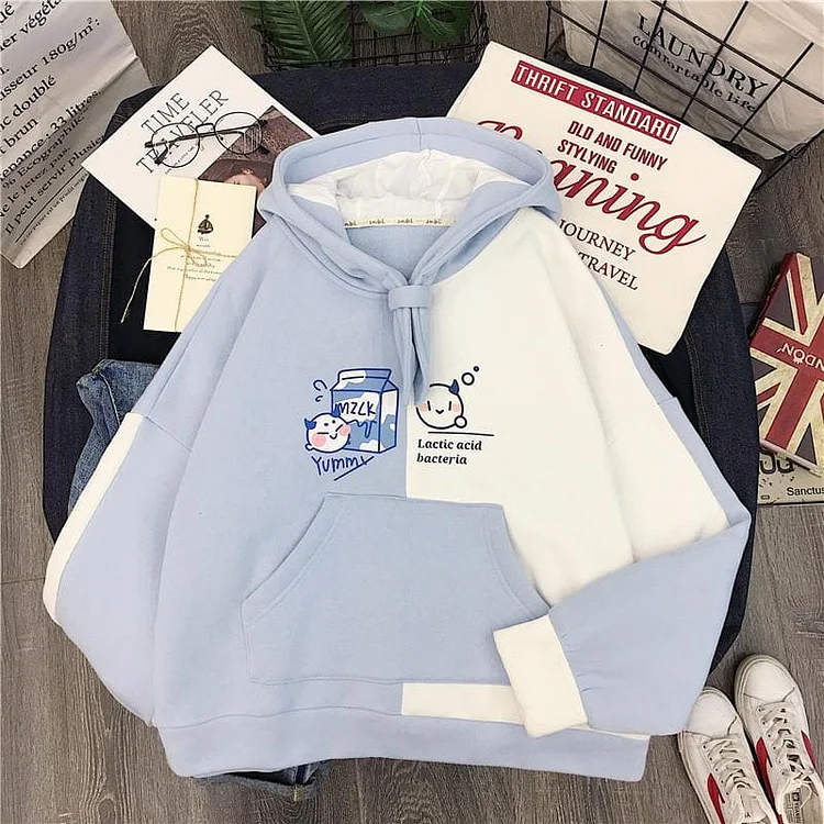 Blue Kawaii Cow Milk Bow Hoodie Jumper SP13652