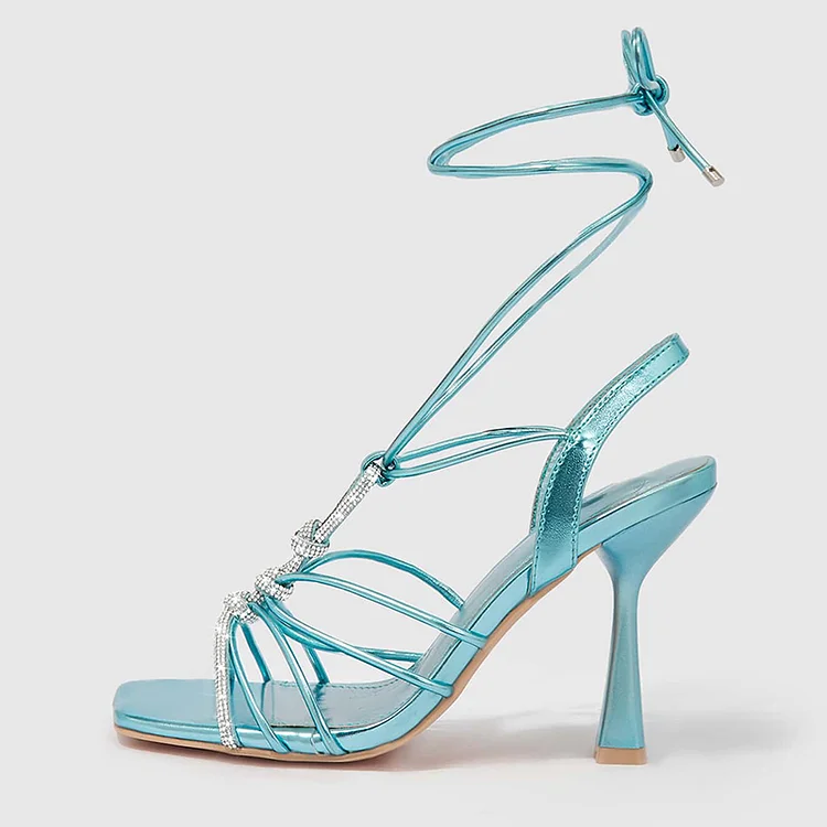 Women'S Blue Stiletto Rhinestone Sandals Elegant Square Toe Wrapped Shoes Party Heels |FSJ Shoes