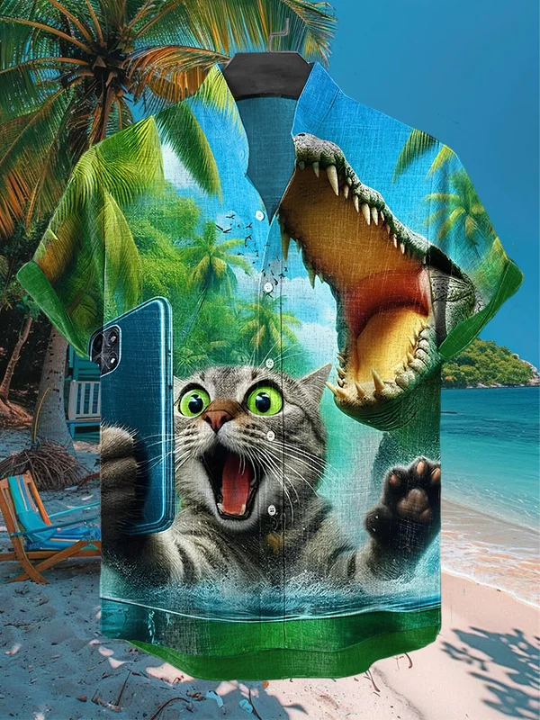 Men's Cat Crocodile Selfie Art Print Short Sleeve Shirt
