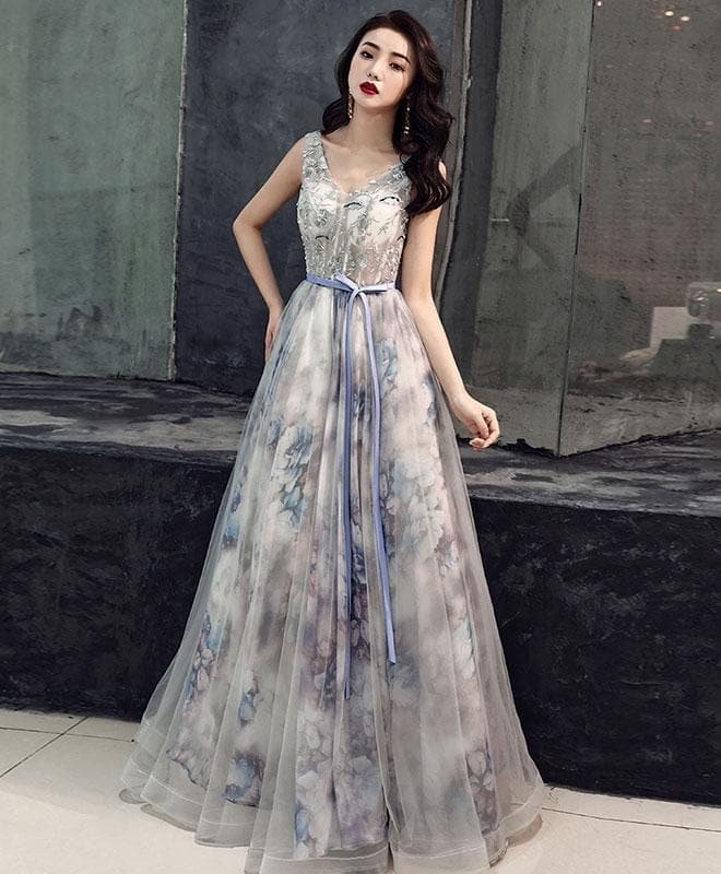 Gray V Neck Tulle Long Prom Dress, Gray Tulle Evening Dress