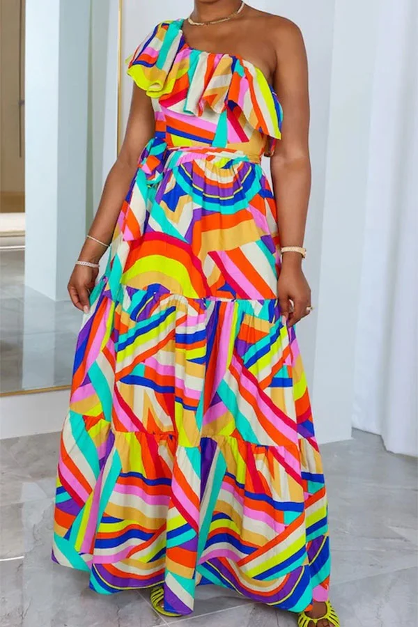 Rainbow Striped Sweet Lace-Up Tiered Ruffle Maxi Dress