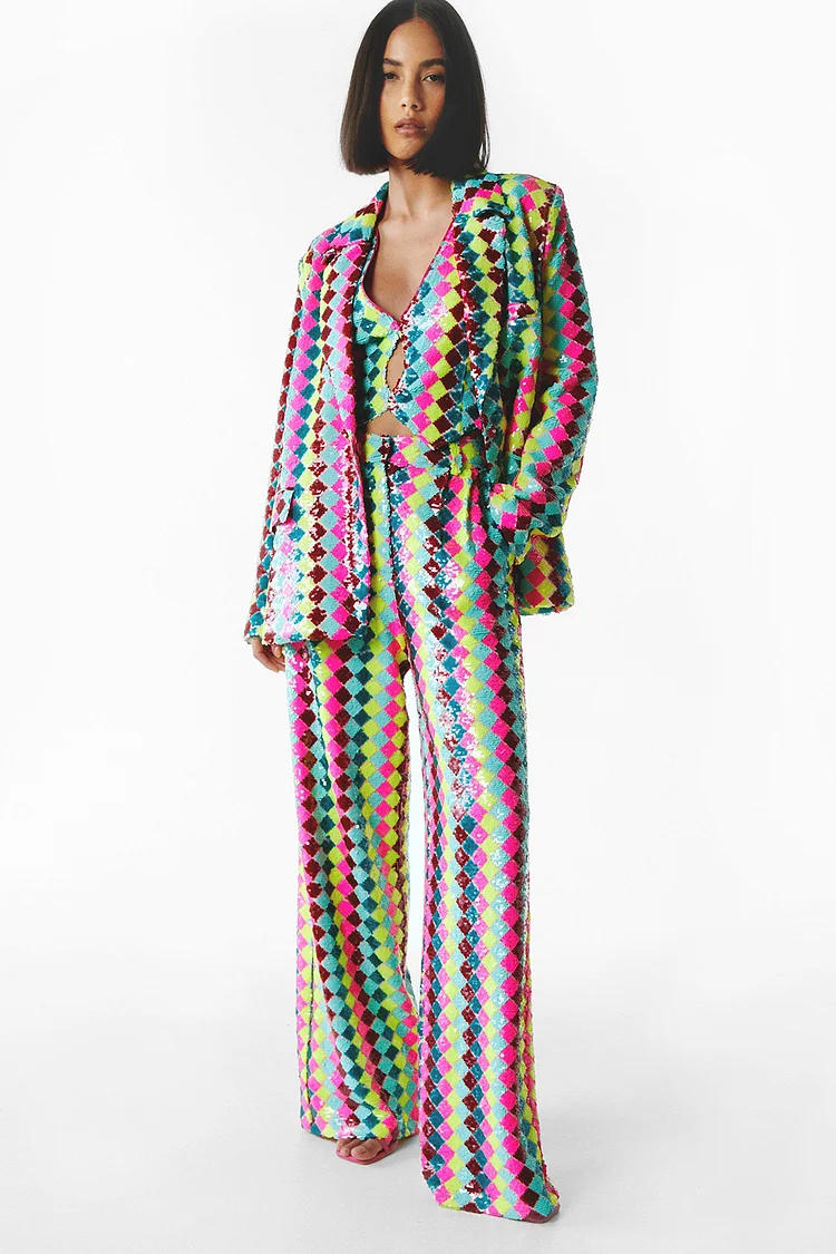 Rainbow Sequin Patchwork Blazer Two Piece Pant Set-Multicolor