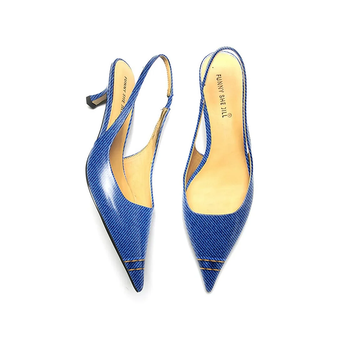 Blue Denim Print Pointed Toe Kitten Heel Slingback Pumps for Dress Nicepairs