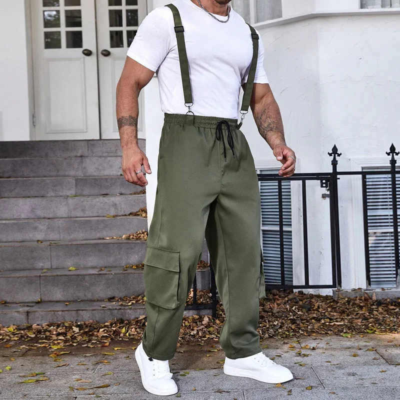 Men's Olive Green Adjustable Strap Pocket Cargo Pants