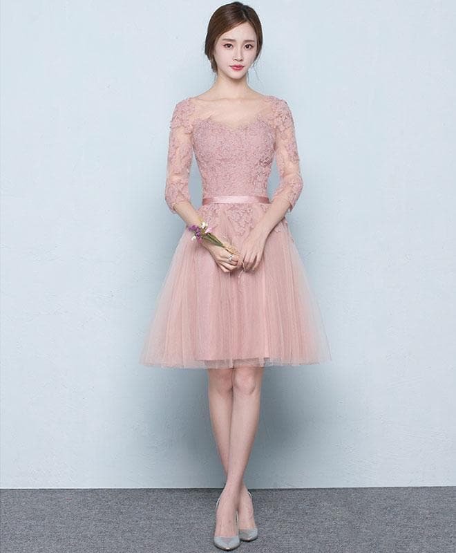 Pink Tulle Lace Short Prom Dress, Pink Tulle Bridesmaid Dress