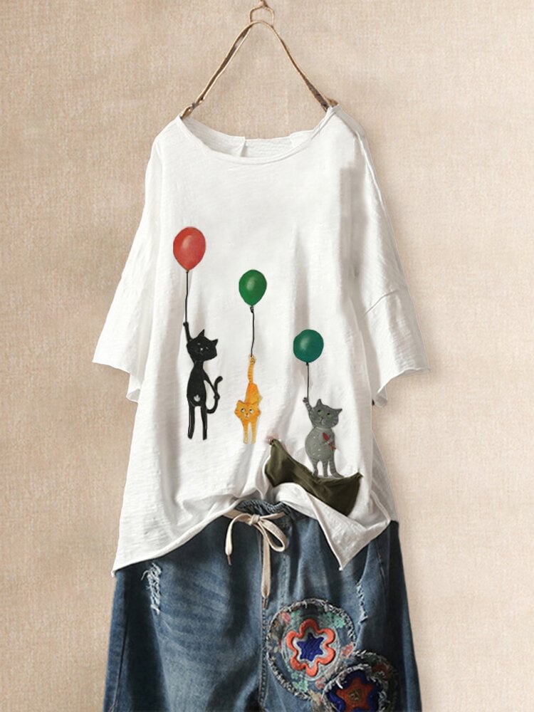 Cat Print Short Sleeve Contrast Color Pocket T Shirt P1657470