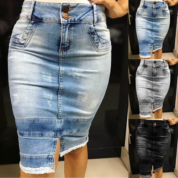 New Women Fashion High Waisted Skirt High Waist Splited Denim Skirts - Life is Beautiful for You - SheChoic