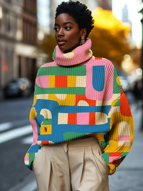 Women's Geometric Color Block Art Print High Neck Knit Sweatshirt
