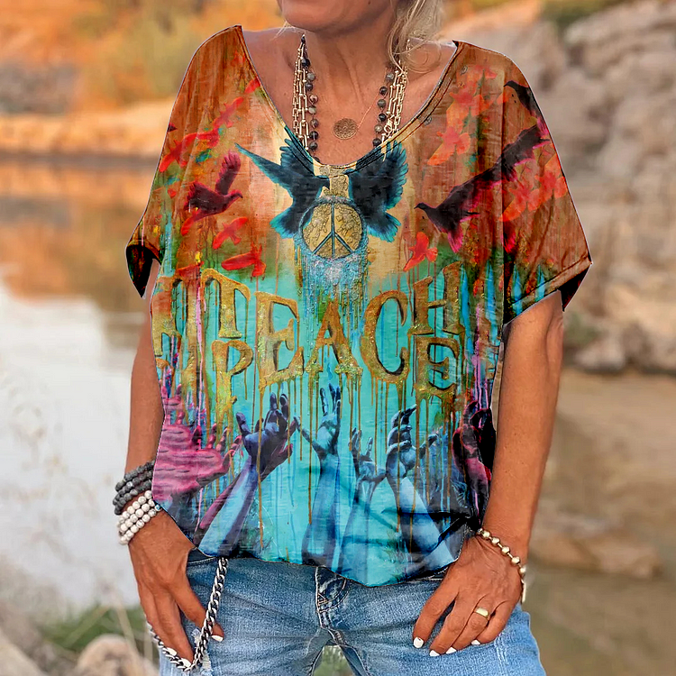 Women's Anti-War Freedom Peace V-Neck Printed Top socialshop