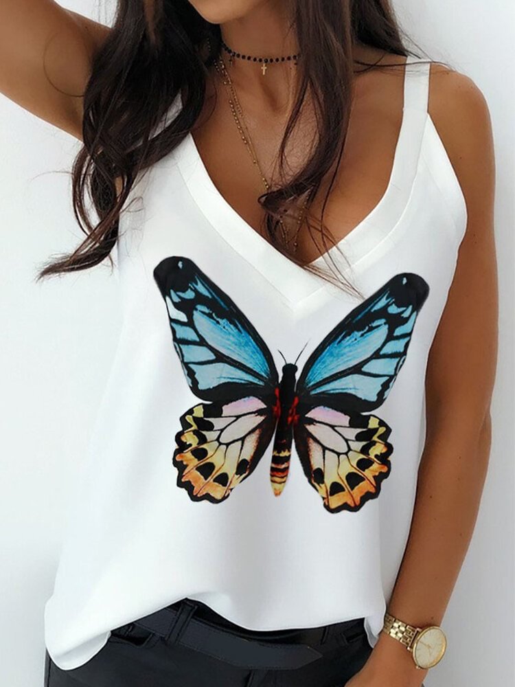Butterfly Printed V neck Tank Top For Women P1707484