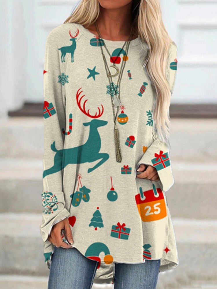 Christmas Elk Prints Long Sleeves O neck Casual T shirt For Women P1763353