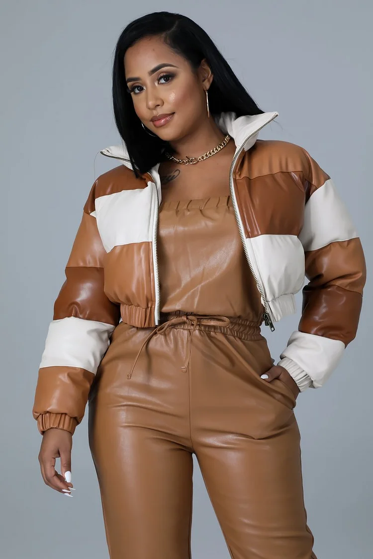 Puff Bomber Brown & White Matching Jacket Short Coat