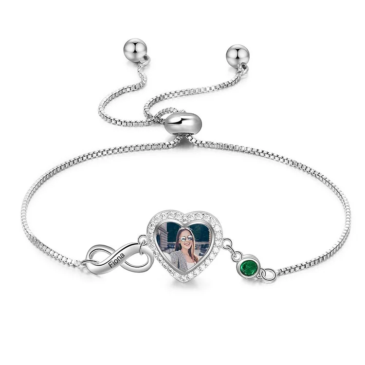 Infinity Love Heart Photo Bracelet with Birthstone Personalized with Engraving