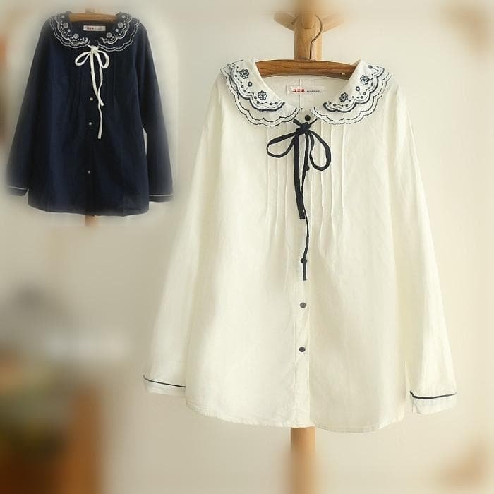 Navy/Beige Mori Girl Blouse With Flower Embroidery Collar SP165109