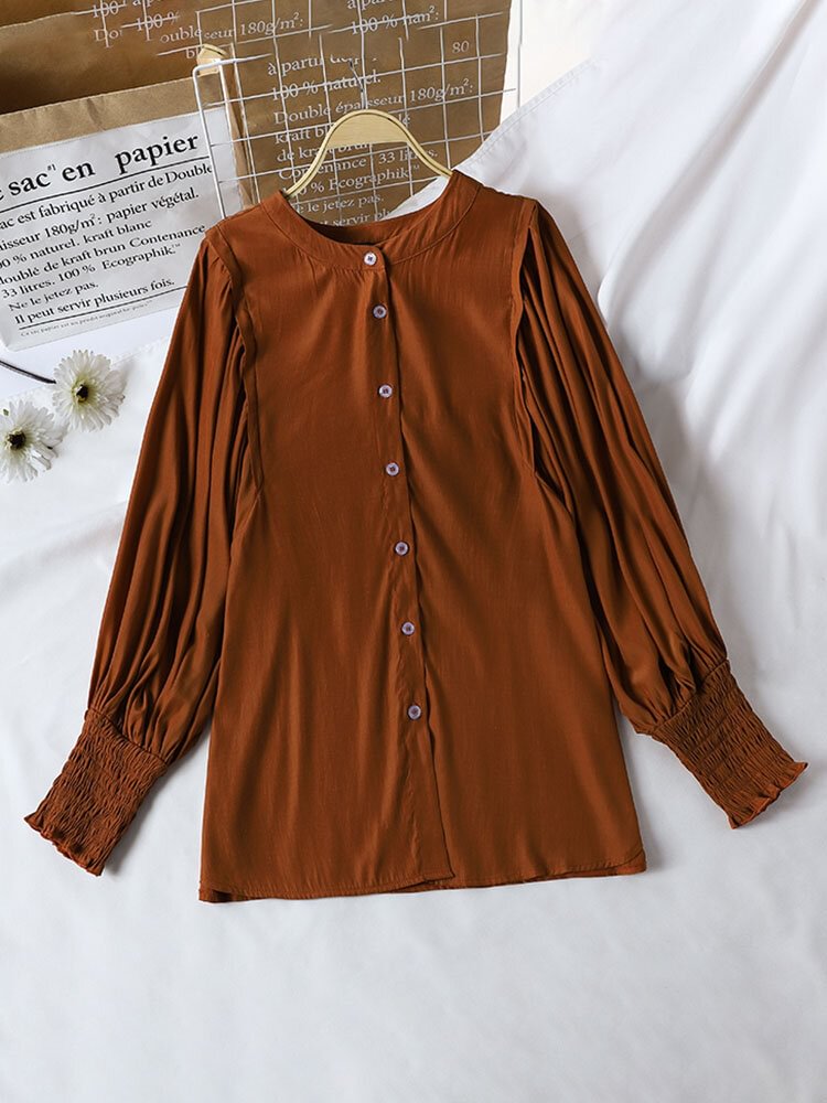 Solid Color Vintage Stand Collar Long Sleeve Button Blouse P1858633
