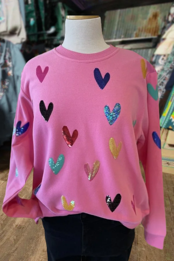 Colorful Heart Print Crew Neck Sweatshirt