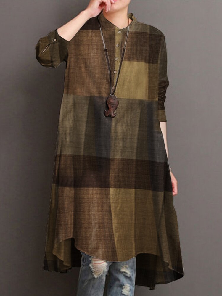 Plaid Print Stand Collar Long Sleeve Casual Shirt For Women P1743982