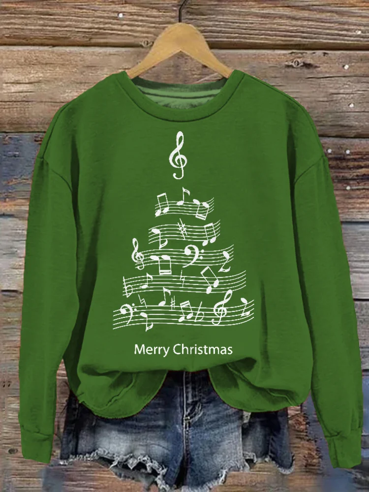 Music Note Christmas Tree Print Casual Cozy Sweatshirt