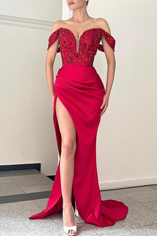 Dresseswow Off-the-Shoulder Red Evening Dress Mermaid Slit With Beads