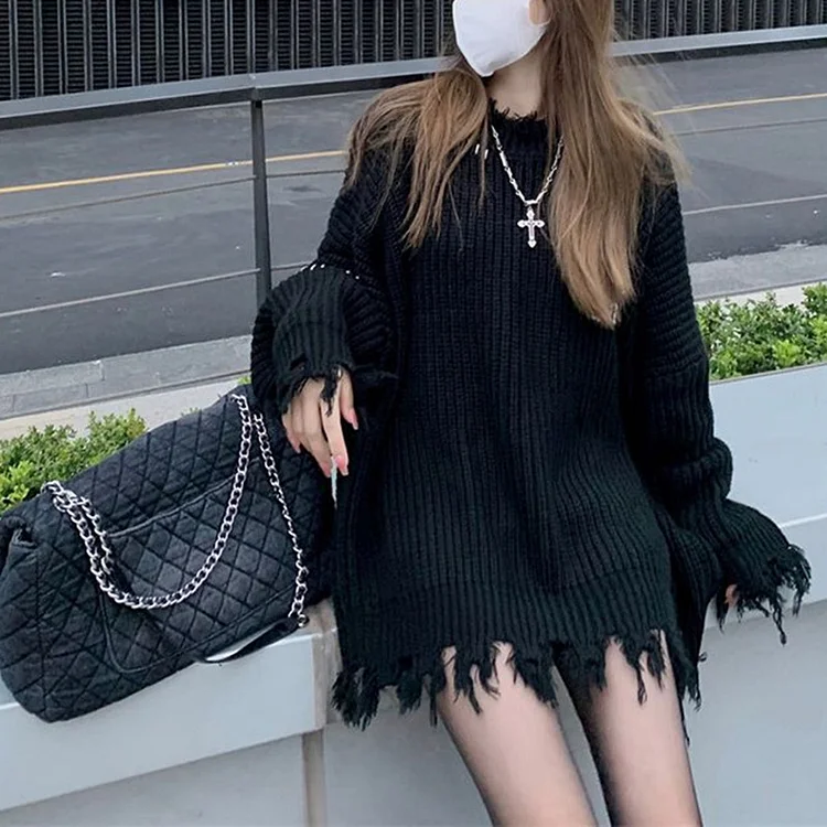 Street Casual Hole Designed Loose Pullover Solid Sweater