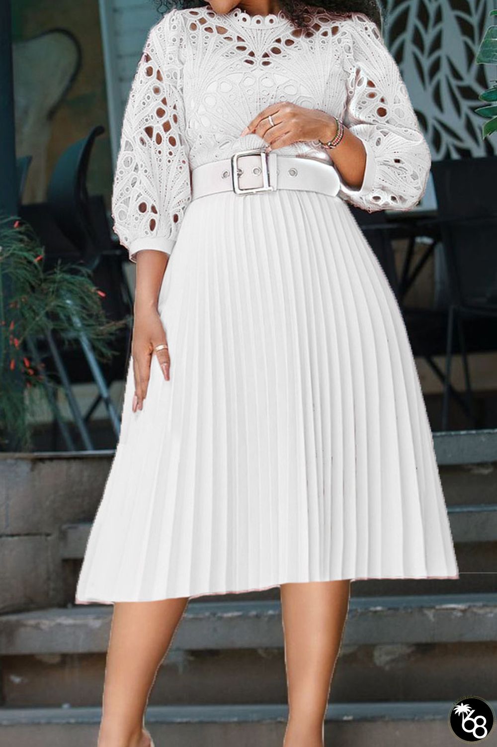 White Casual Solid Hollowed Out With Belt O Neck Pleated Dresses | 168DEAL