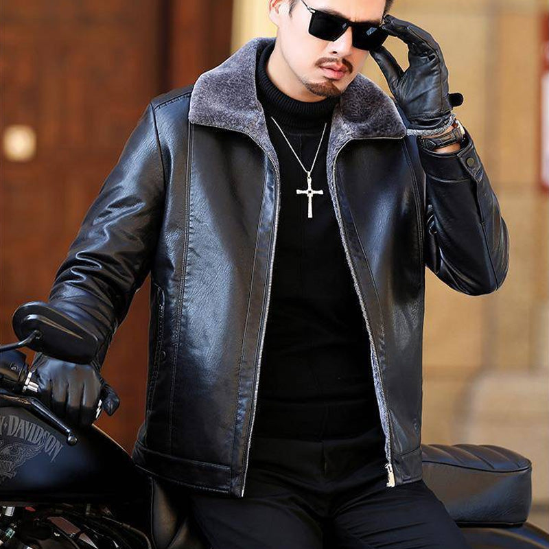 Trendy Leather Jacket Men's Fleece-lined PU Jacket