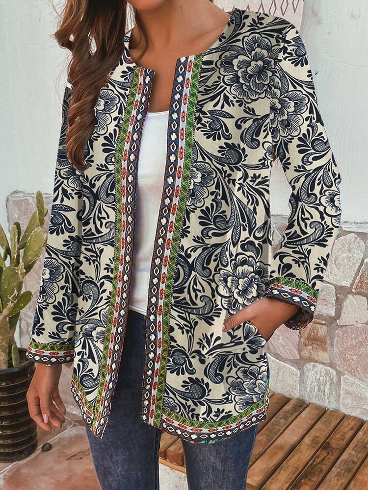 Ethnic Floral Print Patchwork Long Sleeve Vintage Jacket For Women