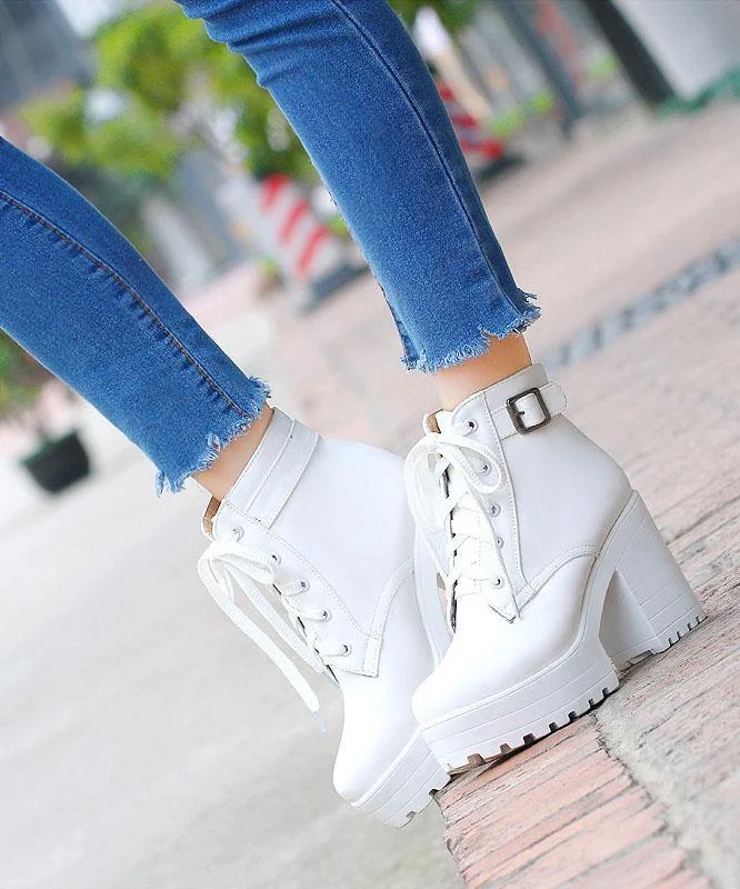 White Boots Cross Strap Chunky Boots