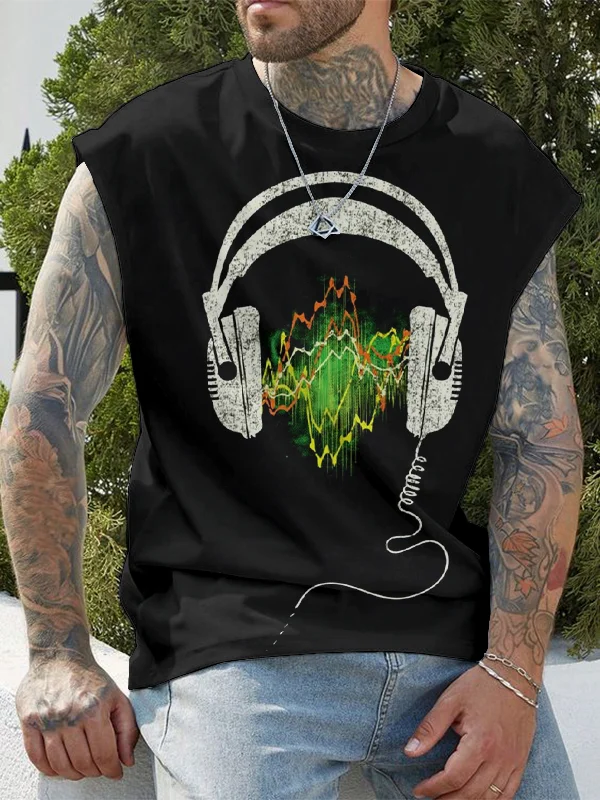 Men's Retro Headphones Music Abstract Art Printed Tank Top