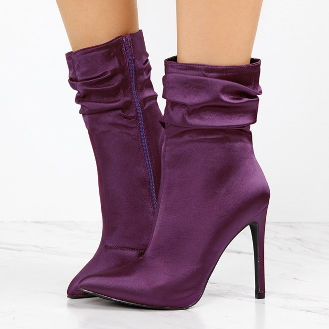 Fashion Purple Stiletto Boots Satin Pointy Toe Ankle Boots For Women |FSJ Shoes
