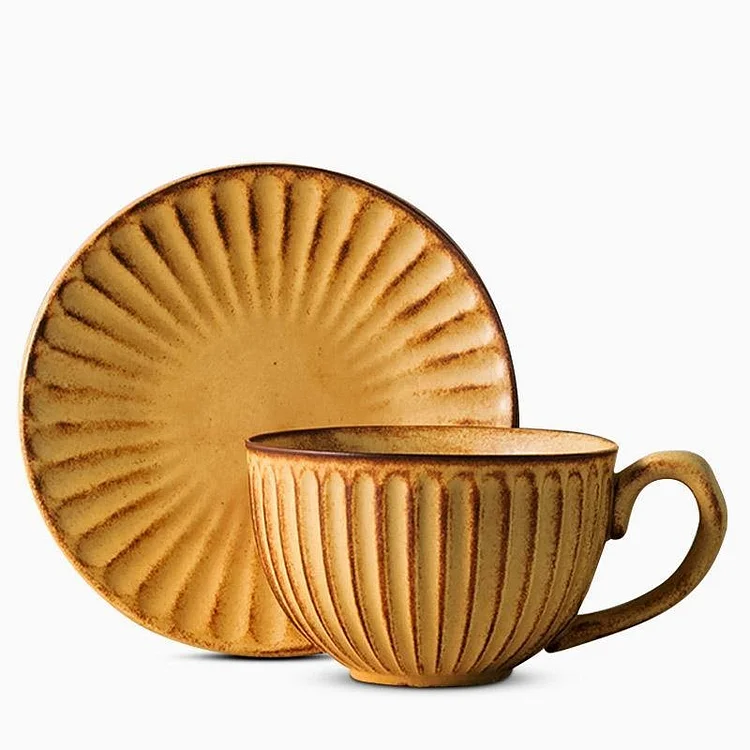 Set of 6 Yellow Stoneware Mugs Coffee Cups Teacups and Saucers - Appledas