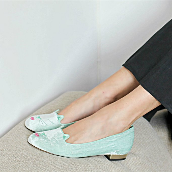 Women's Cute Cyan Suede Round Toe Heels Comfortable Flats |FSJ Shoes