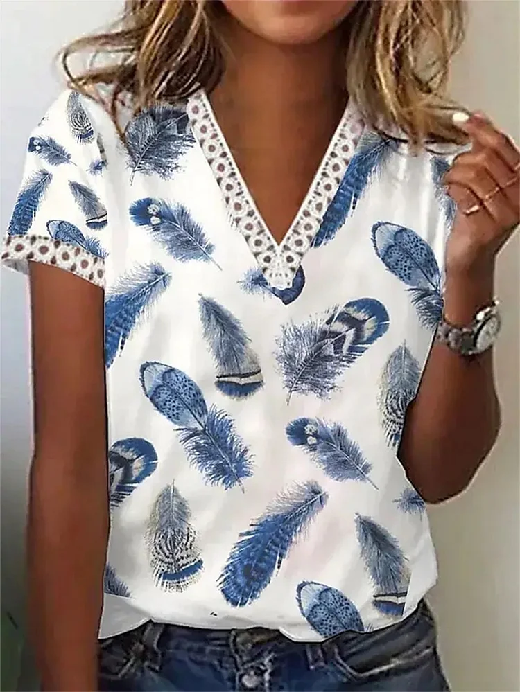 2023 Summer New V-neck Lace Printed Ruffled Short Sleeves T-shirt VangoghDress