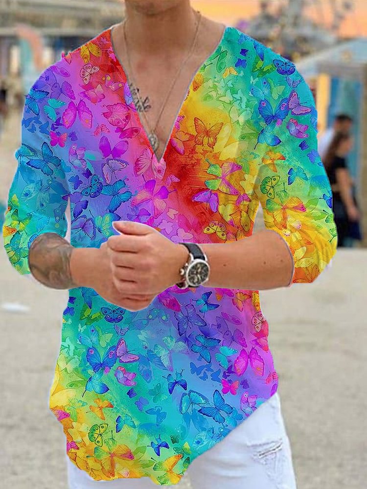Men's printed cotton linen long sleeved shirt top