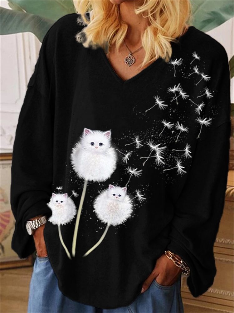 Vefave Lovely Fuzzy Cats Dandelion Oversize T Shirt