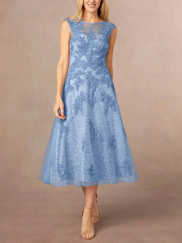 A-Line Boatneck Lace Tulle Tea-Length Dress