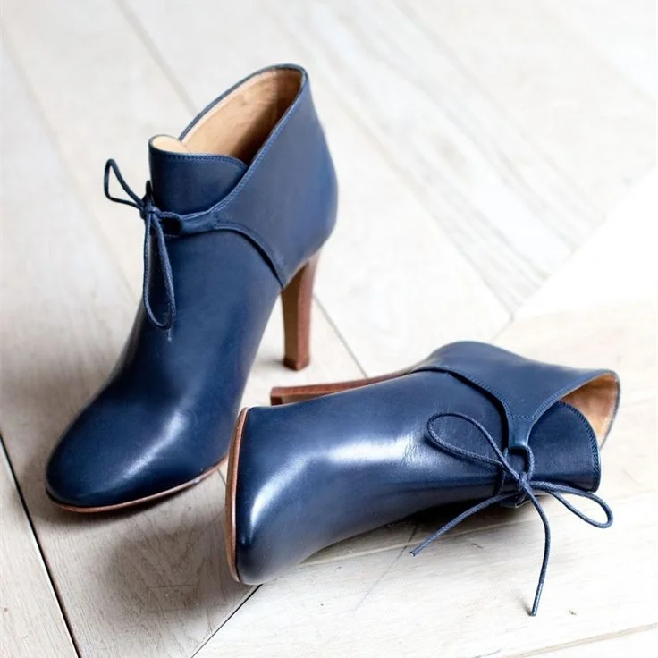 Navy Blue Lace-Up Boots Round Toe Block Heel Booties for Women |FSJ Shoes