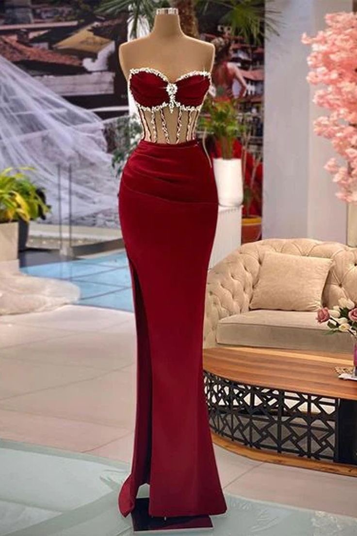 Dresseswow Sweetheart Burgundy Mermaid Evening Gown Split Long With Beads