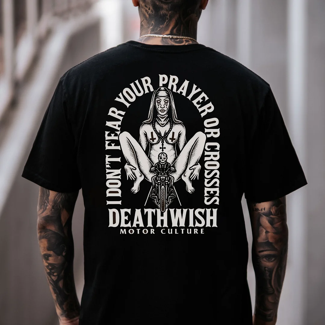 I DON'T FEAR YOUR PRAYER OR CROSSES Nun Skeleton Black Print T-Shirt